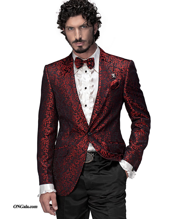 Fashion suits with Jacket in Black and Red Jacquard Silk