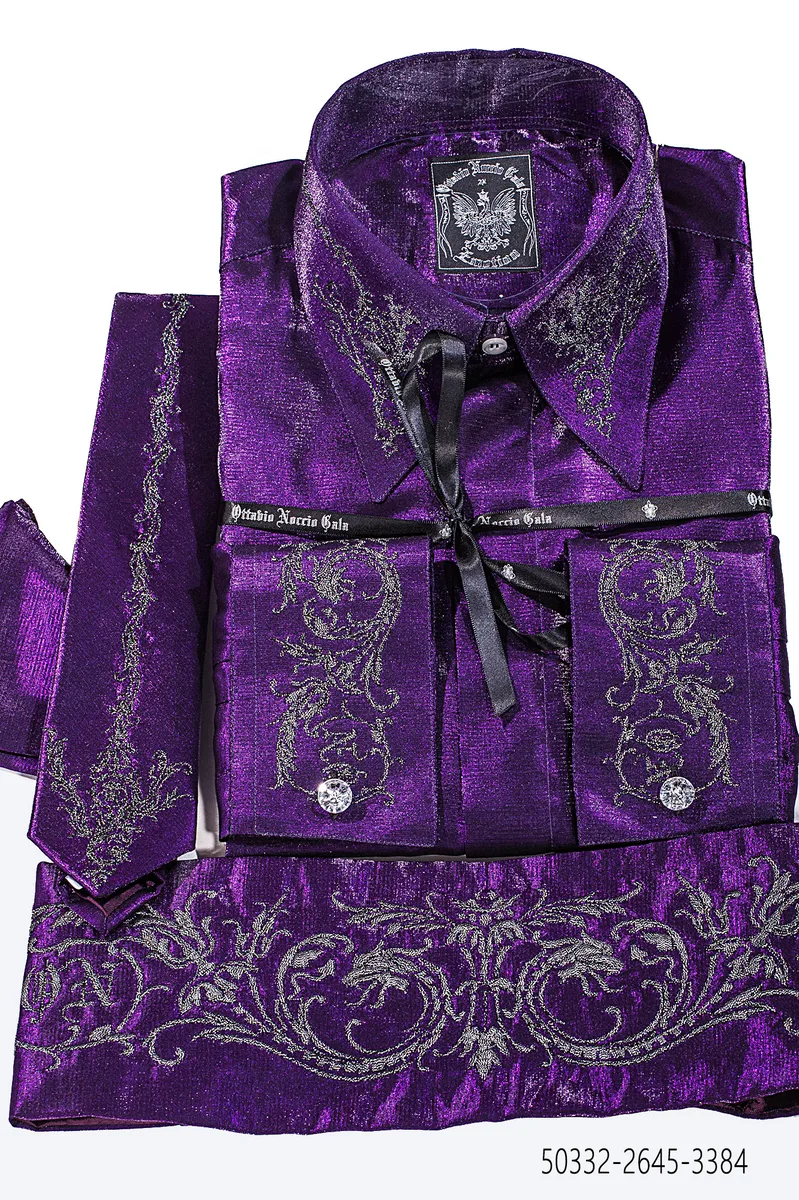 Dark Purple Lurex Shirt, Tie and Cummerbund Set with Embroidery
