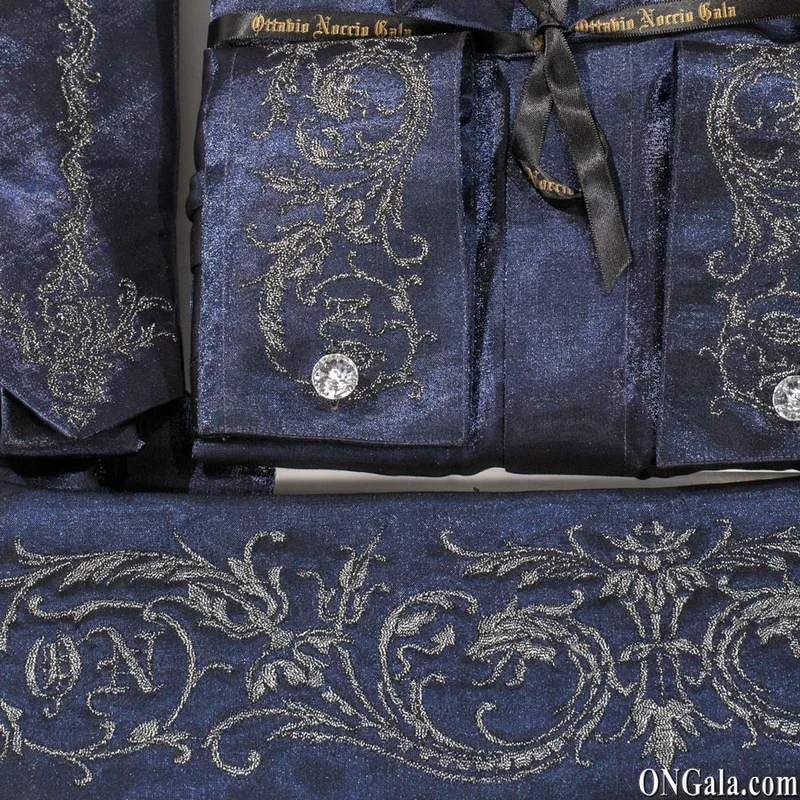 Blue Lurex Shirt, Tie and Cummerbund Set with Embroidery