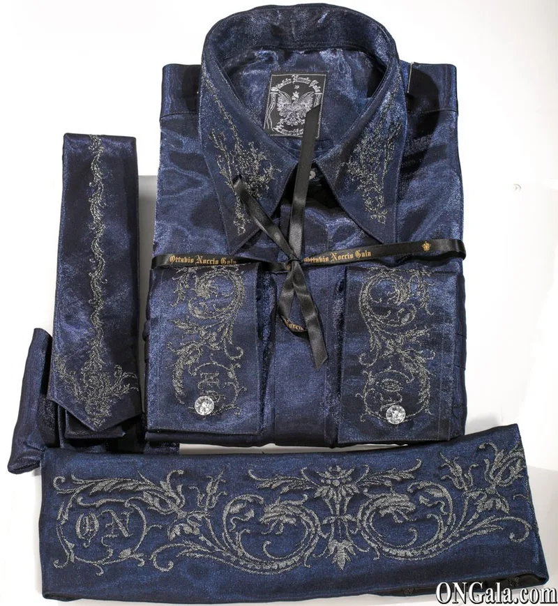 Blue Lurex Shirt, Tie and Cummerbund Set with Embroidery