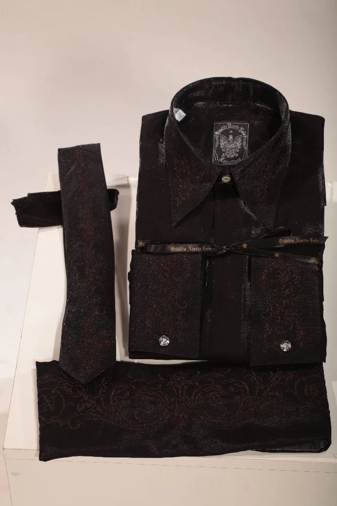 Black Lurex Shirt, Tie and Cummerbund Set with Embroidery