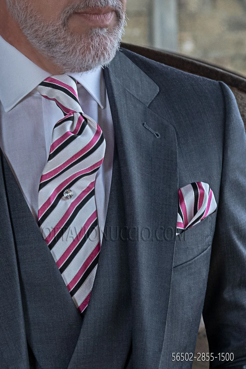 Tie and handkerchief in jacquard silk with stripes on white background