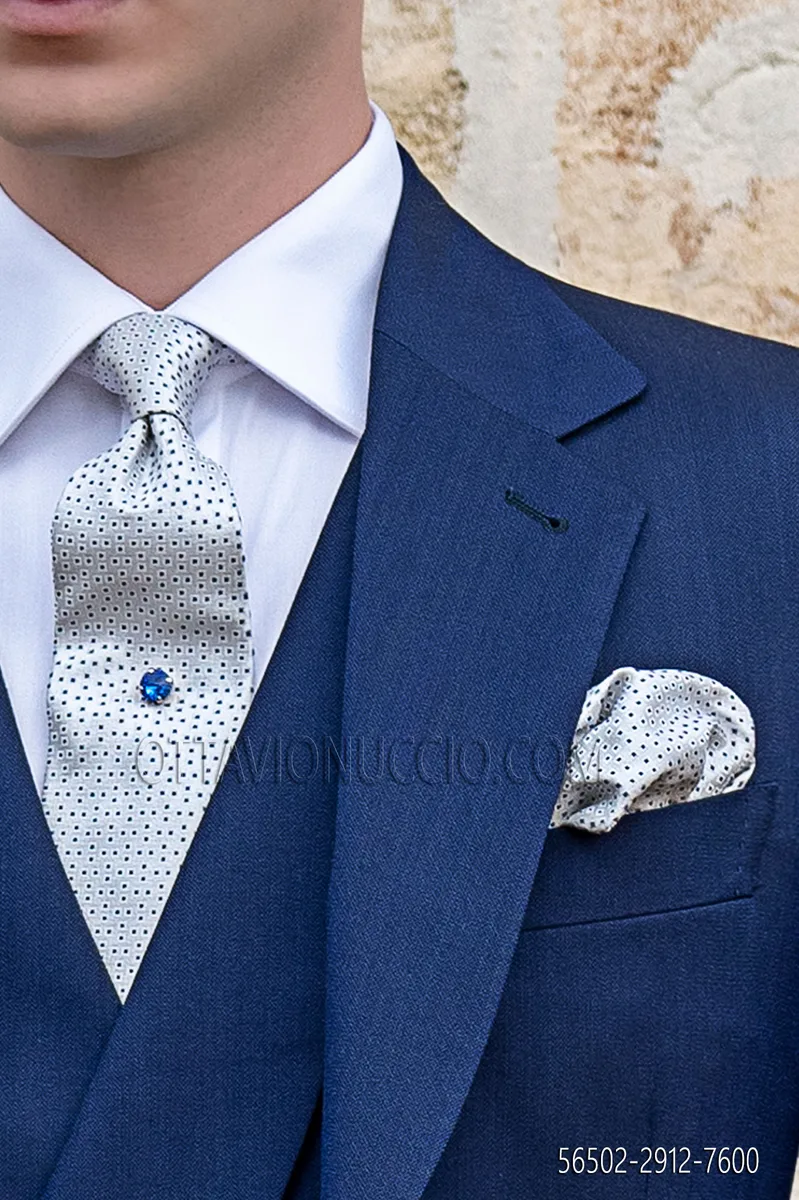 Cravate et Pochette en soie à micro-motifs royal sur gris perle