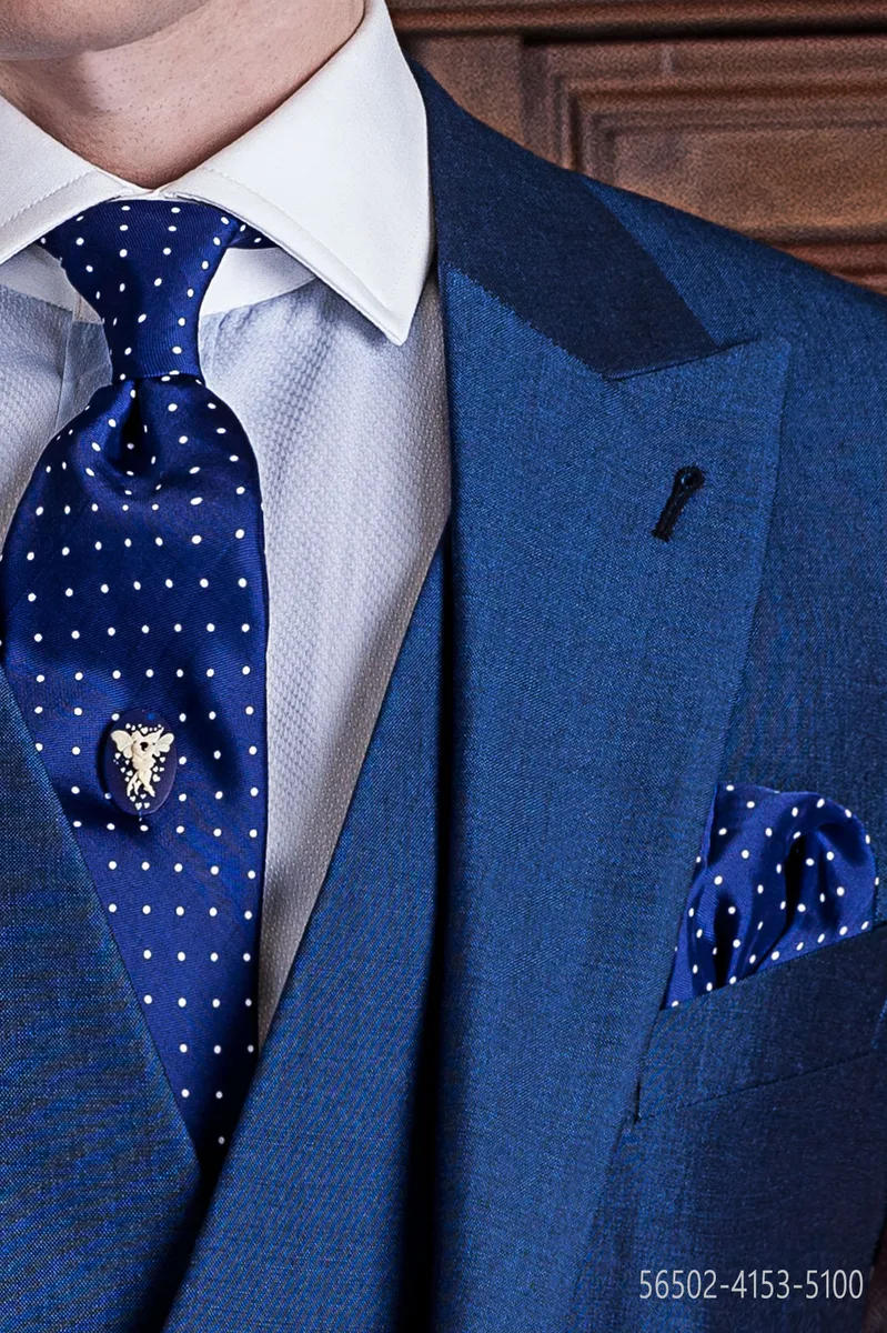 Royal blue tie with white polka dots and handkerchief
