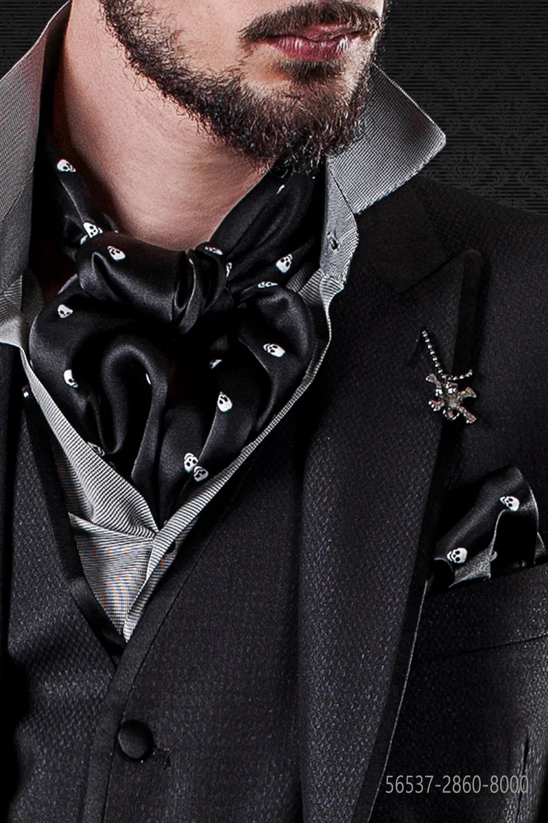 Black silk scarf with white skulls