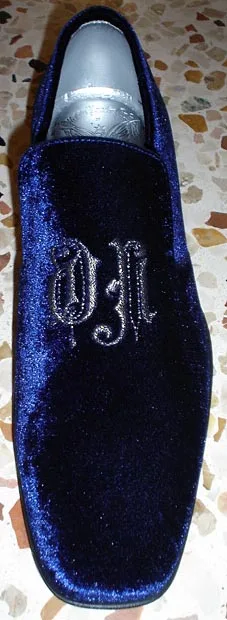 Slipper velluto blu ricamata nero-argento