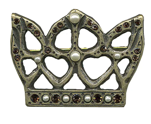 Crown-shaped brooch with antique gold finish