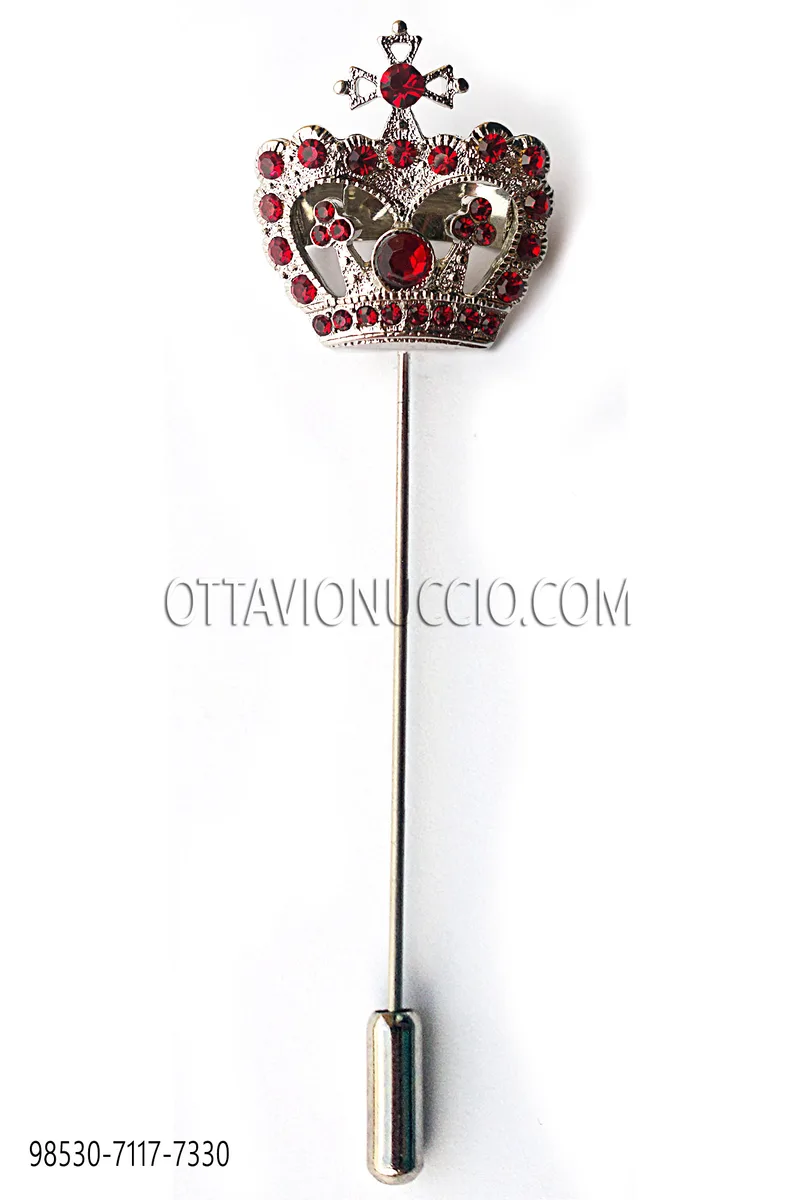 Silver tone crown tie pin with red rhinestones