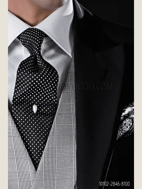 Tie in black pure silk with white micro-patterns