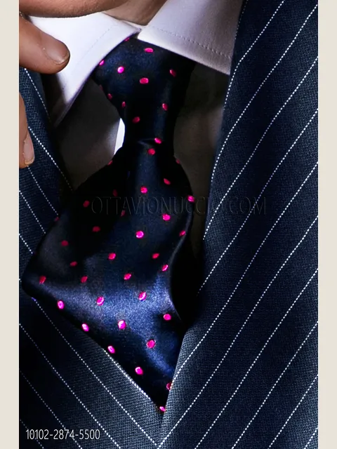 Tie in blue pure silk with purple polka dots