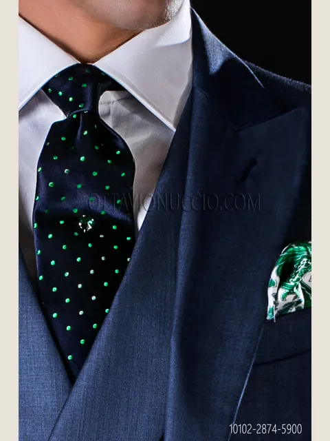 Tie in blue pure silk with green polka dots