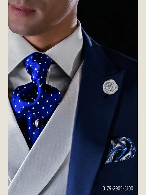 Cravat in royal blue silk with white polka dots