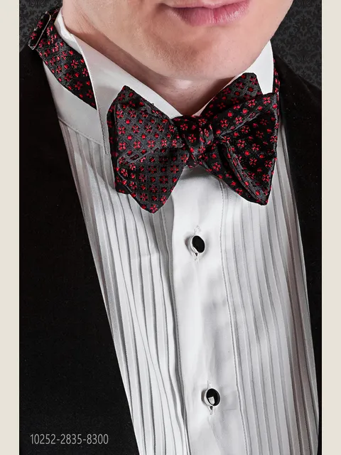Self-tie bow tie in black silk with red micro-patterns