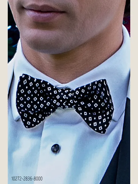 Knotted bow tie in black pure silk with white patterns