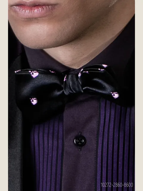 Knotted black bow tie with purple skulls
