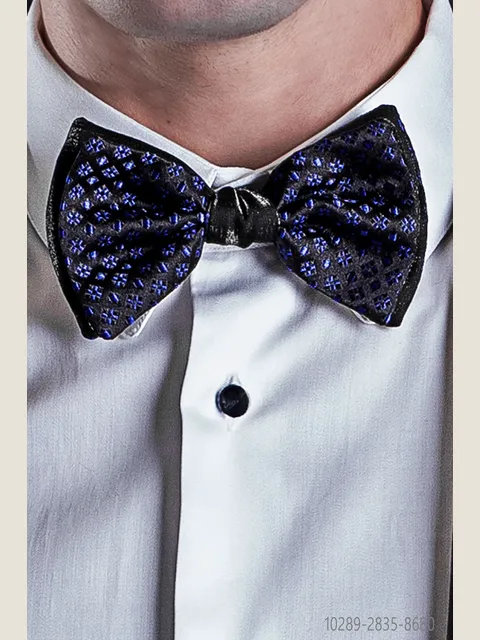 Two-coloured bow-tie in black silk with electric blue micro patterns