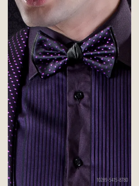 Two-tone bow tie in black jacquard with purple polka dots