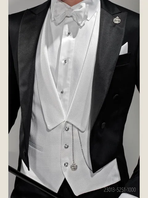 White shawl lapel waistcoat with damier micro-pattern