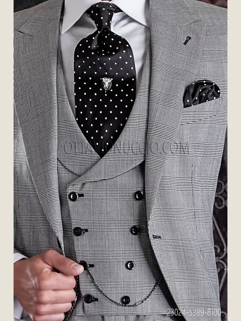 8-button waistcoat in grey Prince of Wales check fabric
