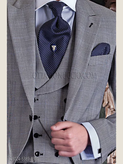 Double-breasted waistcoat in grey Prince of Wales check fabric