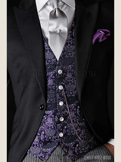 Waistcoat in black and purple pure silk jacquard