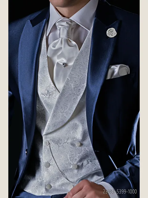 Double-breasted waistcoat with shawl lapel in white damask fabric