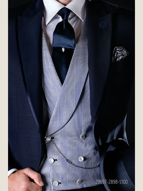 Waistcoat double-breasted shawl lapel pure silk Prince of Wales check blue