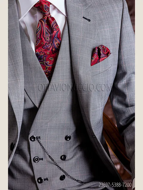 Double-breasted shawl waistcoat in grey Prince of Wales check
