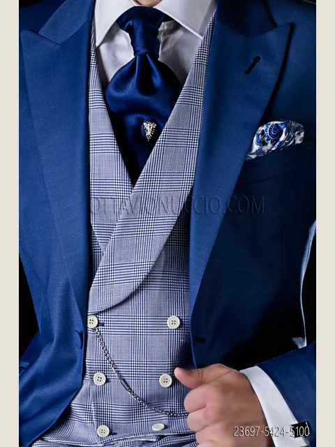 Double-breasted shawl waistcoat in light blue Prince of Wales check