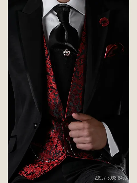 Low-cut shawl lapel waistcoat in red silk jacquard