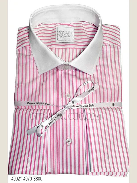 Pink Striped Cotton Shirt with Contrast Collar