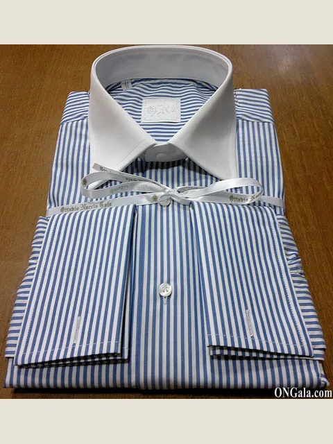 White cotton shirt with blue stripes and contrasting collar