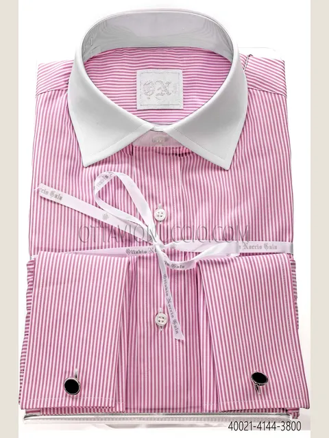Pink Striped Cotton Shirt with Contrast Collar