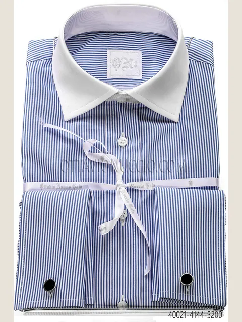 White cotton shirt with blue stripes and contrasting collar