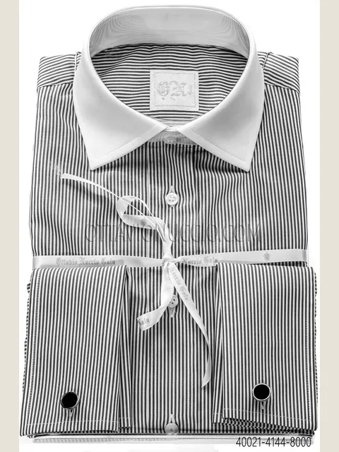 Camicia cotone bianco a righe nere collo a contrasto