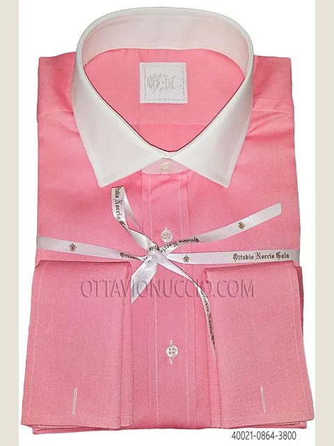 Pink cotton shirt with micro pattern and contrasting collar
