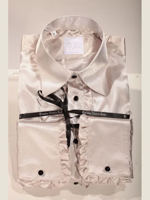 Natural pearl grey satin shirt with frill