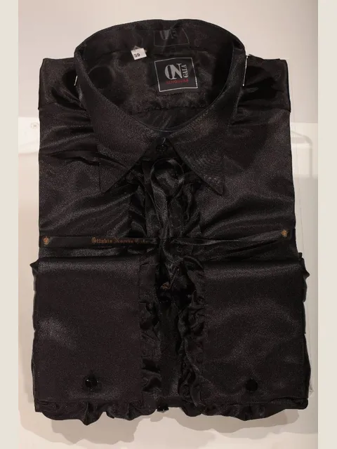 Black Satin Shirt with Ruffles