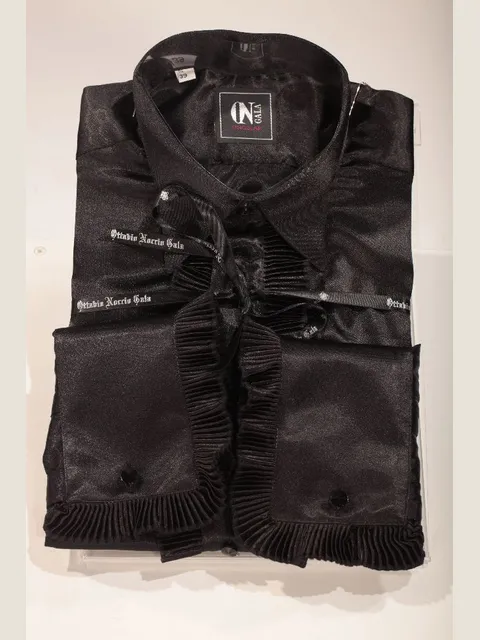 Black satin shirt with gala collar and pleating