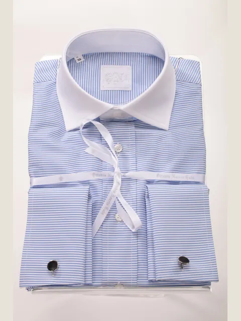 Sky Blue Striped Cotton Shirt with Contrast Collar