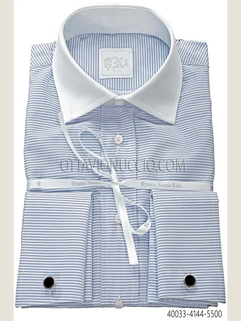 Azure-Blue Striped Cotton Shirt with Contrast Collar