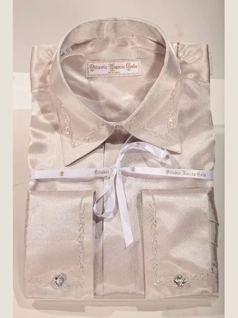 Pearl Grey Satin Shirt with silver floral embroidery