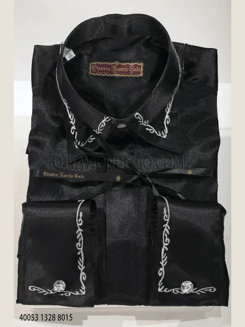 Black Satin Shirt with pearl floral Embroidery