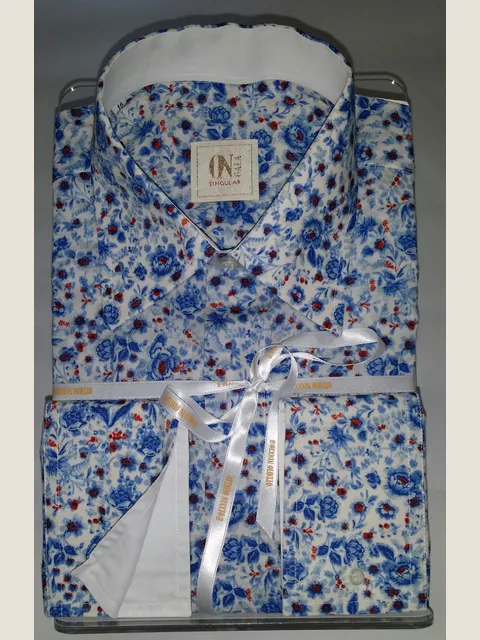 Cotton Shirt with Sky Blue Liberty Print and Contrast Details