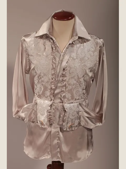 Grey shirt with classic collar and pearl white embroidery