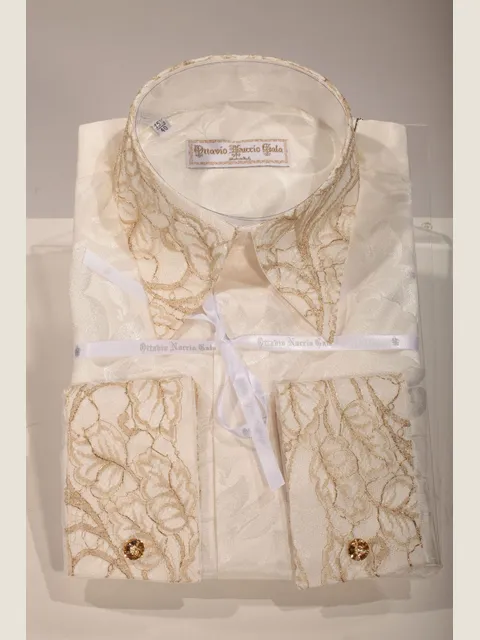 Ivory jacquard shirt with gold lace on collar and cuffs