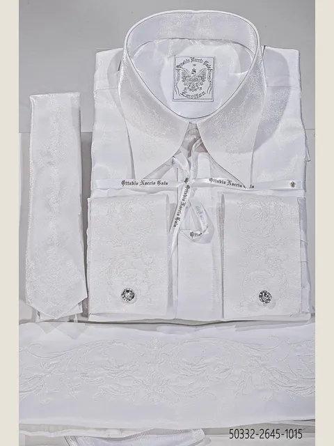 White Lurex Shirt, Tie and Cummerbund Set with Embroidery