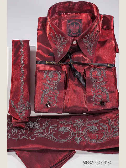 Shirt, Tie and Cummerbund in red lurex fabric with embroidery
