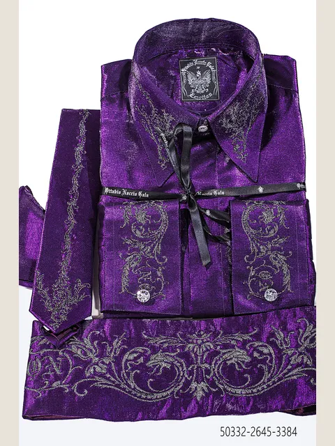 Dark Purple Lurex Shirt, Tie and Cummerbund Set with Embroidery