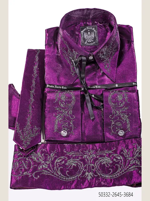 Fuchsia Lurex Shirt, Tie and Cummerbund Set with Embroidery